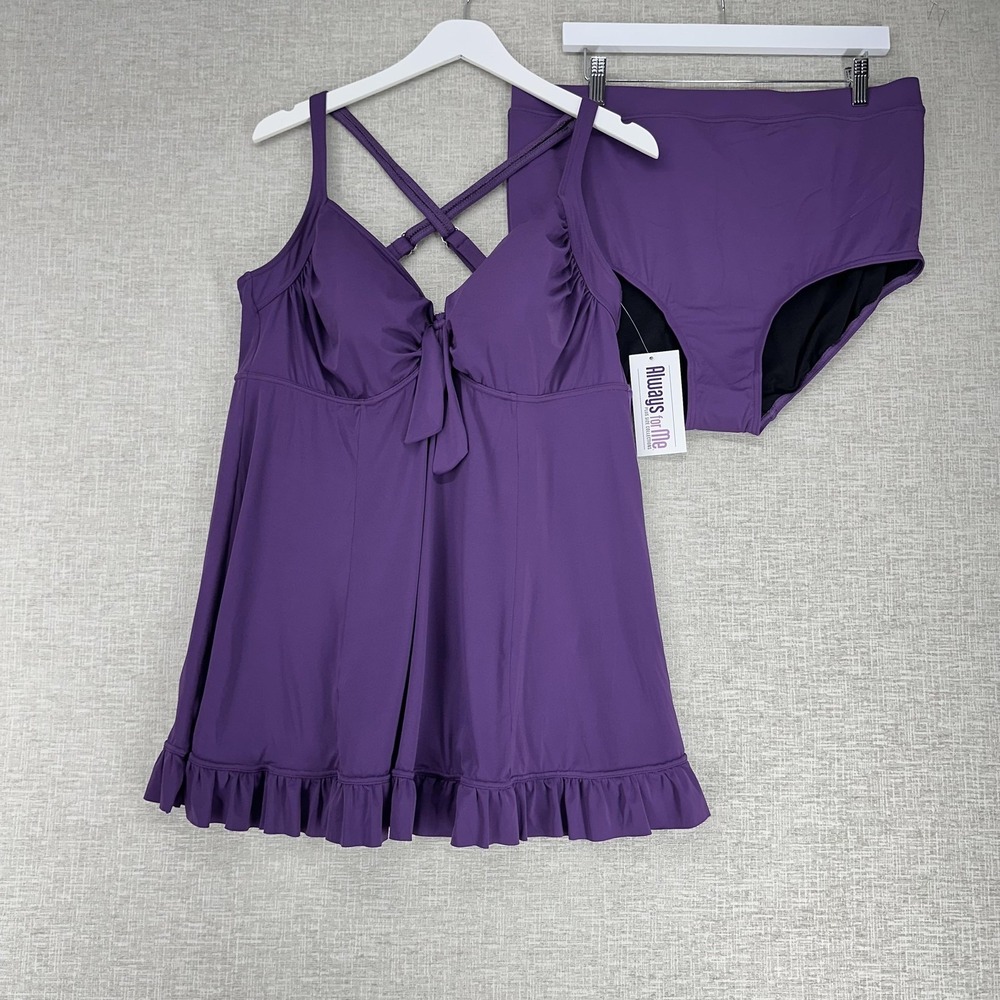 Always For Me Swimdress Womens 20W‎ Purple 2 Piece Ruffle Tie Front Crisscross